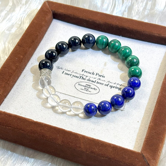 601  Lapis Lazuli Malachite Black Obsidian Clear Quartz Bracelet