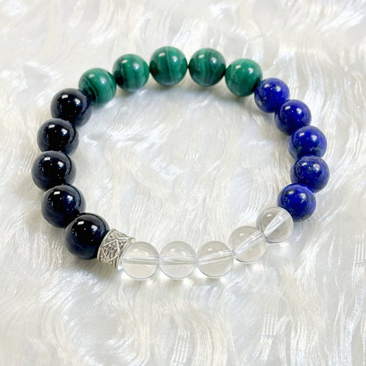 601  Lapis Lazuli Malachite Black Obsidian Clear Quartz Bracelet