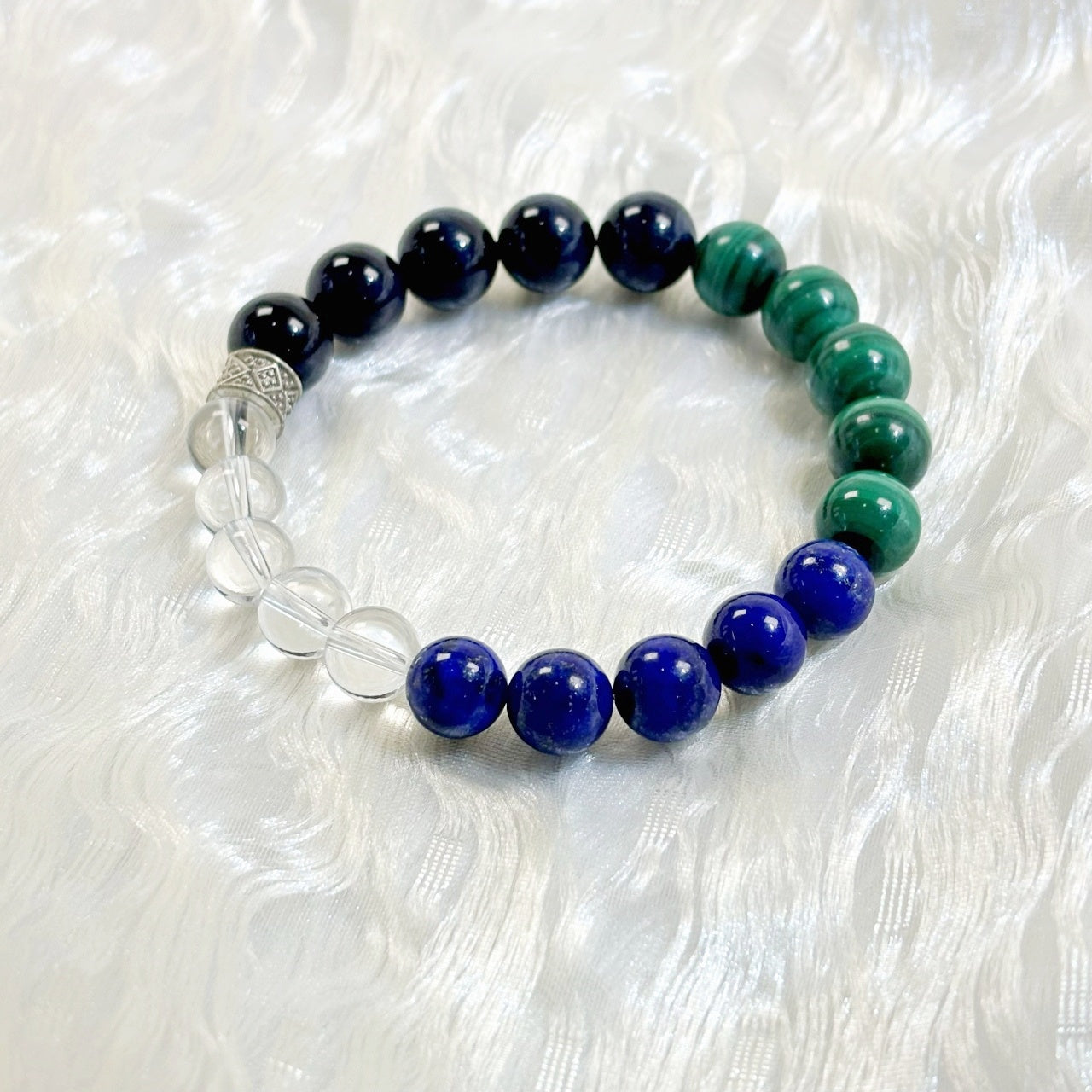 601  Lapis Lazuli Malachite Black Obsidian Clear Quartz Bracelet