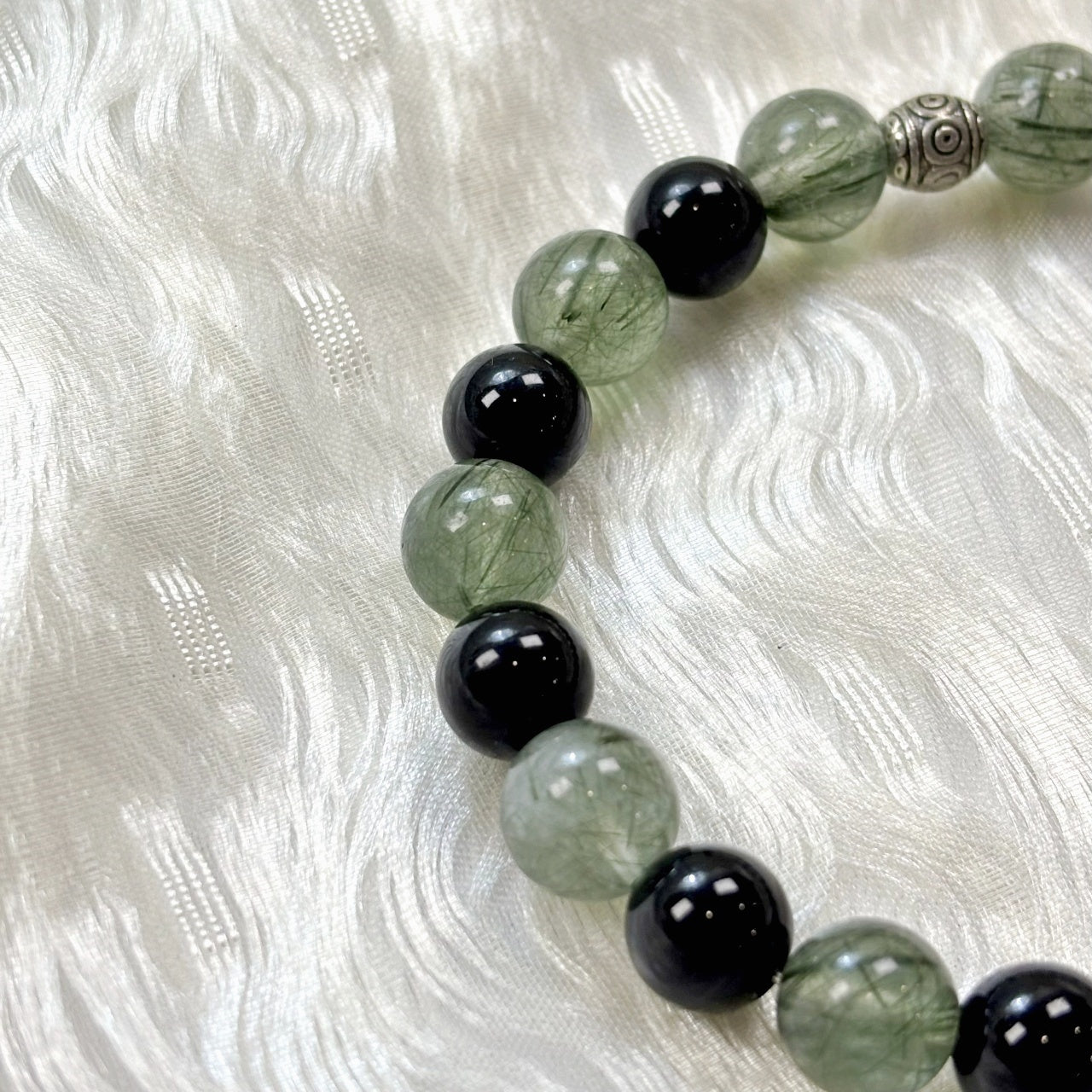 404 Black Obsidian Green Rutilated Quartz Bracelet