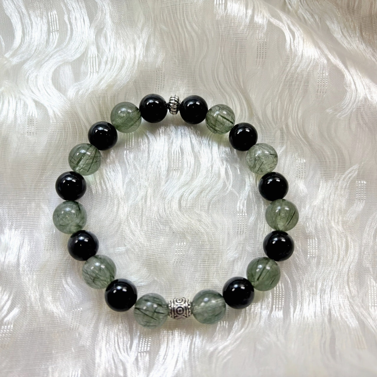 404 Black Obsidian Green Rutilated Quartz Bracelet