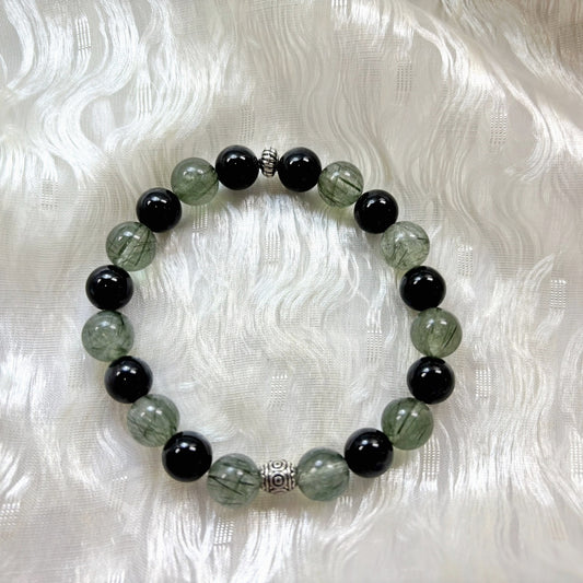 404 Black Obsidian Green Rutilated Quartz Bracelet