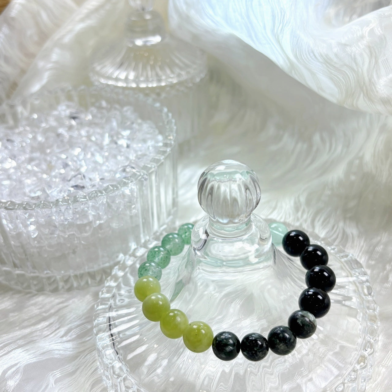 405  Green Fluorite Green Strawberry Quartz Seraphite Serpentine Jade Black Obsidian Bracelet