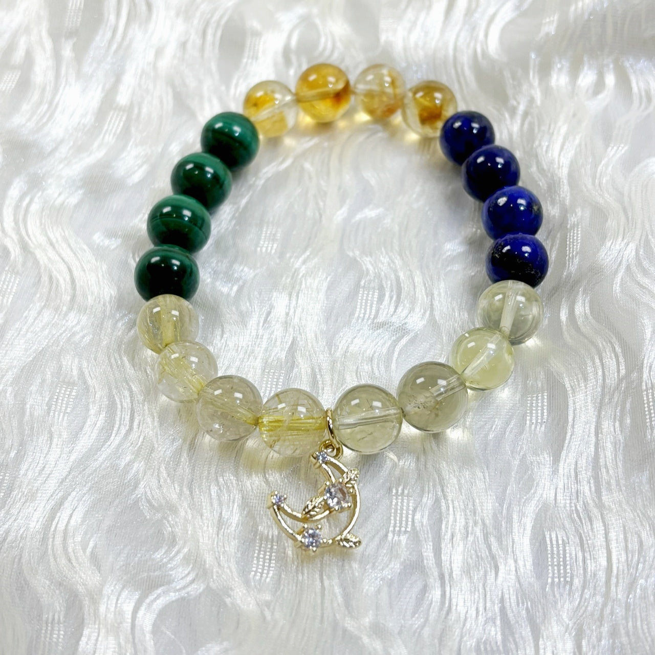 303  Golden Rutilated Quartz Citrine Malachite Lapis Lazuli Yellow Phantom Quartz Bracelet