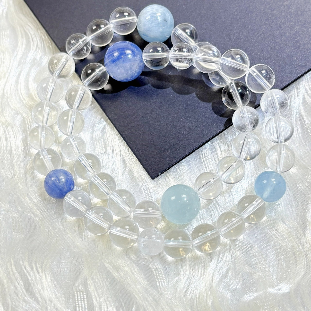 501  Double-wrap Aquamarine Kyanite Clear Quartz Bracelet